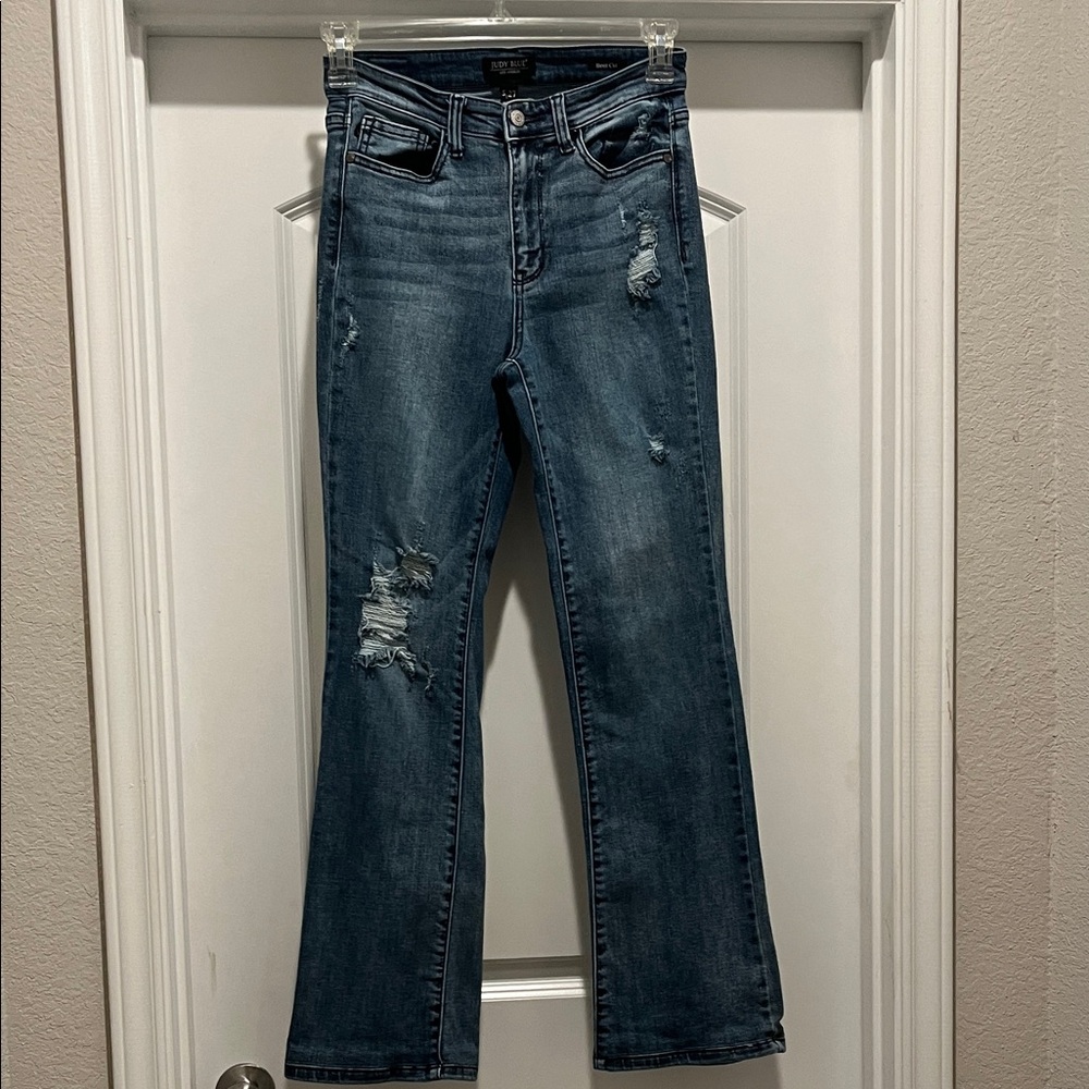 Judy Blue Distressed Bootcut Jeans in Med Blue Wash